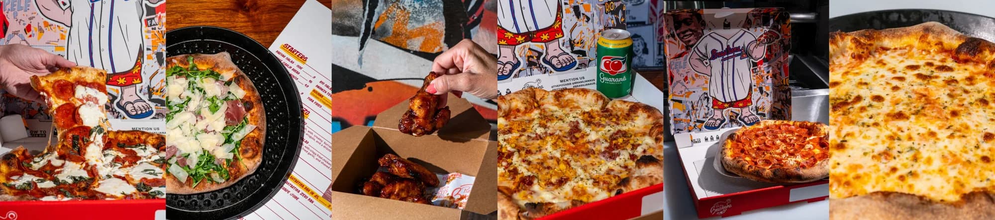 A spread of Brasiliana pizzas, wings, and slices fresh from the kitchen
